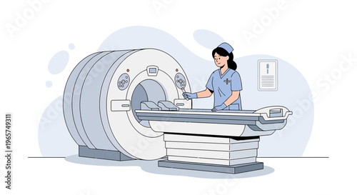 Medical professional operating MRI scanner with patient on table in clinic