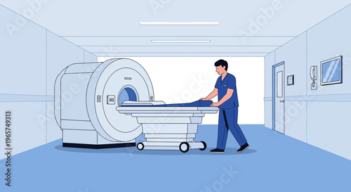 Medical professional operating MRI scanner with patient on table in hospital corridor