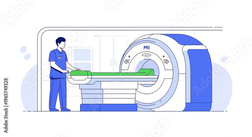 Medical professional operating MRI scanner with patient on table, modern diagnostic equipment