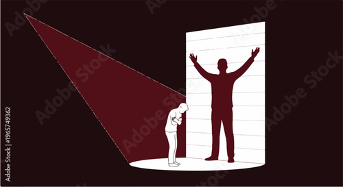 Imposter Syndrome Concept with Small Person in Spotlight Casting Confident Shadow Representing Hidden Self Belief and Inner Potential Illustration