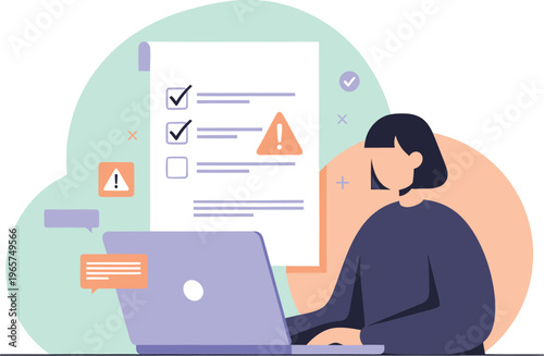 Woman working on a laptop reviews a compliance checklist featuring warning signs regarding digital tasks and data.