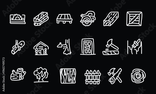 A collection of white line icons on a black background