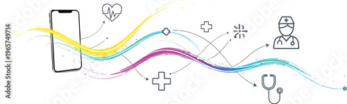 Smartphone transmits digital health data streams to medical professional icons across colorful abstract lines for.