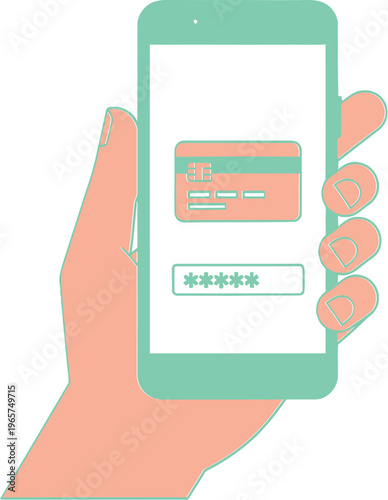 Hand holds mobile device displaying secure credit card payment screen requiring a private numerical password.