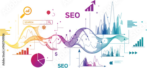 Abstract digital rendering displays colorful wavy data streams, graphs, and charts representing complex search engine.