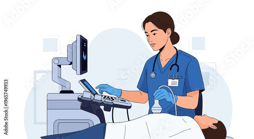Medical professional performing ultrasound on patient, diagnostic imaging procedure