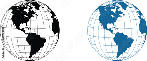 Two isolated globe wireframe representations show one black silhouette and one blue filled version illustrating.