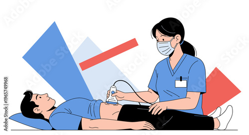 Medical professional performing ultrasound on patient's abdomen, diagnostic imaging procedure