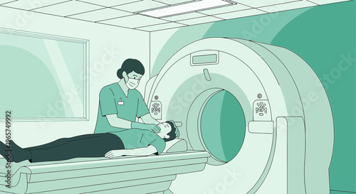 Medical professional performs CT scan on patient lying in MRI machine, diagnostic imaging