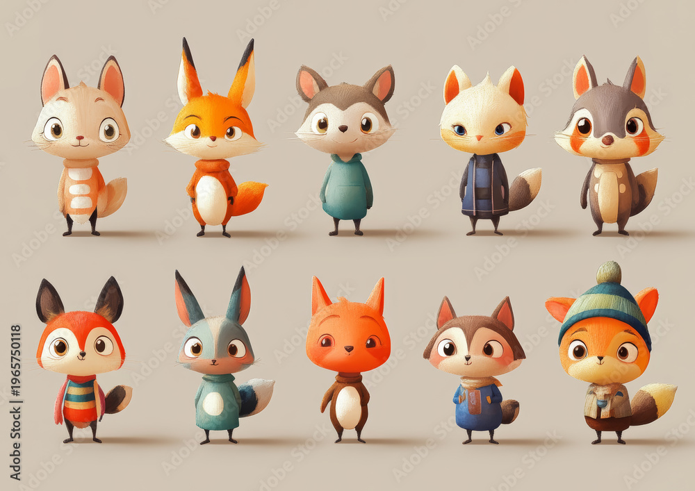 Fototapeta premium Cute cartoon foxes in various outfits.