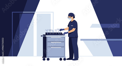 Medical Professional Preparing Surgical Instruments on Cart in Sterile Environment