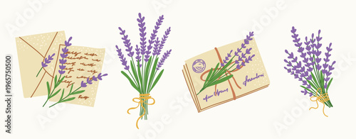 Vintage letters with lavender bouquet vector illustration. Soft pastel tones create a nostalgic, romantic, and calming atmosphere