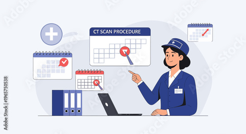 Medical Professional Schedules CT Scan Procedure with Calendars and Laptop