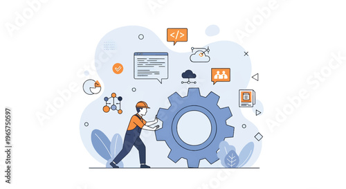 A modern worker in an industrial setting interacts with a large gear surrounded by various business and technology icons.