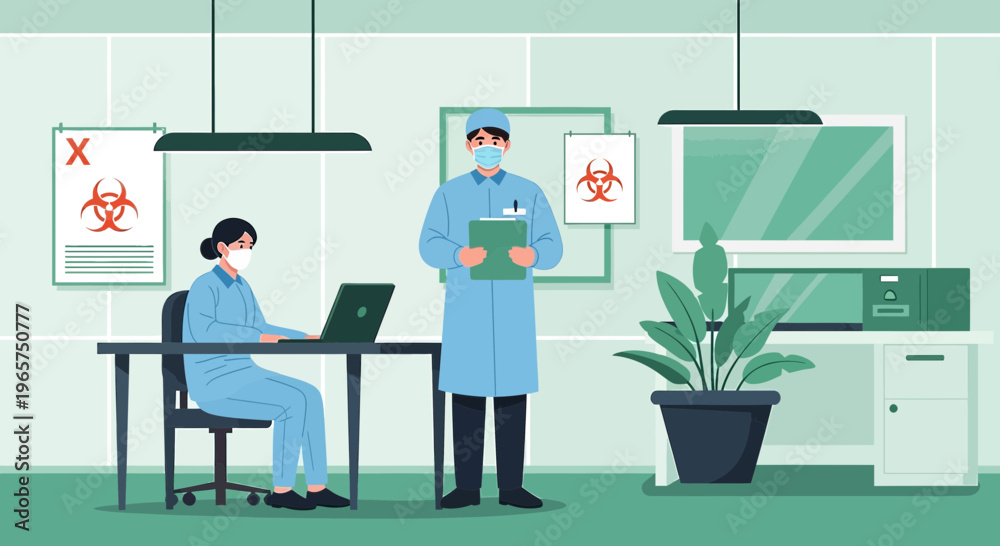 Fototapeta premium Medical Professionals in Lab Coats Working in Modern Research Facility