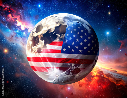 Moon wrapped in the american flag floating freely in the infinite universe sky