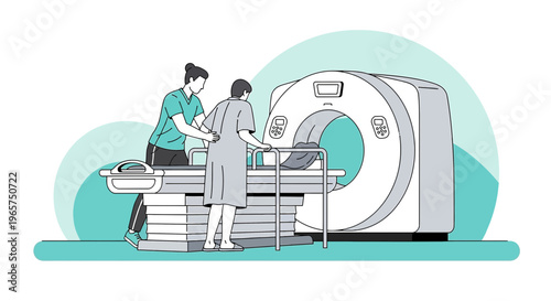 Medical professionals assist patient into CT scanner for diagnostic imaging procedure.