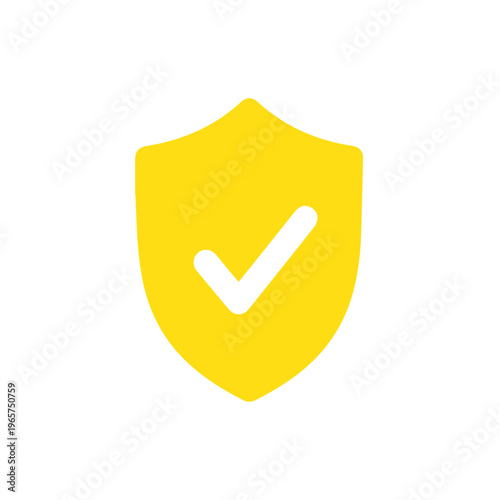 Bright yellow shield shape prominently displaying a central white checkmark indicates positive confirmation and safety assurance.