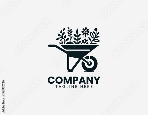 Wheelbarrow filled with plants and flowers representing gardening activity and natural outdoor lifestyle in clean minimalist black vector illustration style on white background