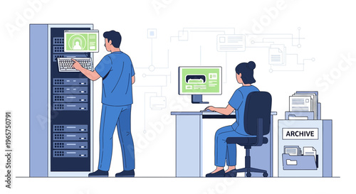 Medical professionals in modern clinic operating advanced diagnostic equipment and archive.