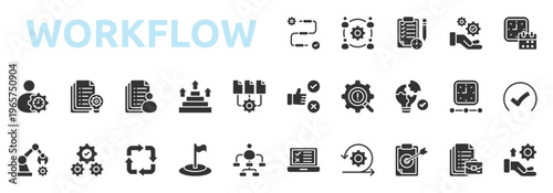 Workflow icon set glyph style with process, team, planning, resource, schedule, management, project, task, steps, sequence icons
