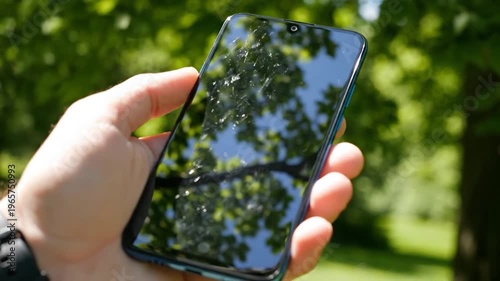 A person holds a modern electronic communication device with a reflective screen outdoors amidst lush green foliage and bright sunlight