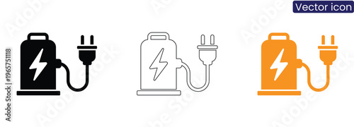 Vector icons of battery with electric plug in black, line art, and orange on white background for energy and power concepts