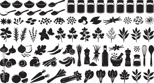 Wide Collection of Culinary Spices and Natural Ingredients in Black Silhouette