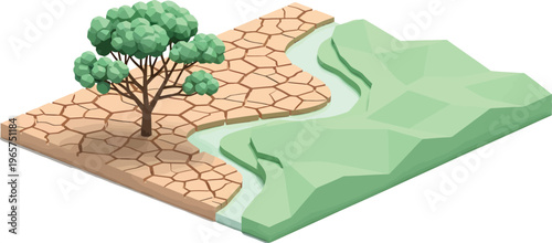 Isometric drought landscape with cracked earth and dry river, global warming climate change concept, 3D vector art