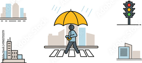 Urban pedestrian walking in rain with yellow umbrella, city street scene vector, traffic light and building icons