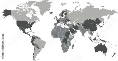 World map with countries in gray tones, global political earth map vector, isolated grayscale atlas for infographics