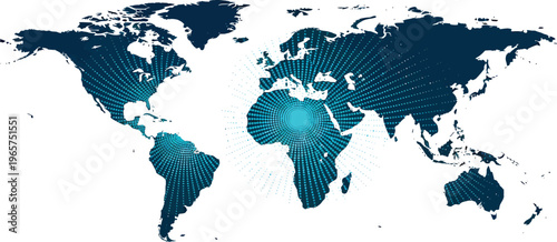 Global world map silhouette with radial sunburst pattern. Dark blue earth map vector. International business concept.