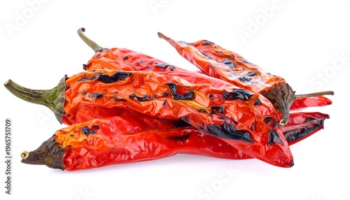 Close-up of roasted, vibrant red chili peppers. Their skin shows dark char marks against their bright color. The texture appears wrinkled and dry, atop a clean white backdrop