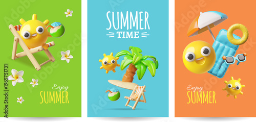 A 3D poster set featuring a sun and a smiley face, a lounge chair, a palm tree, and a mattress.