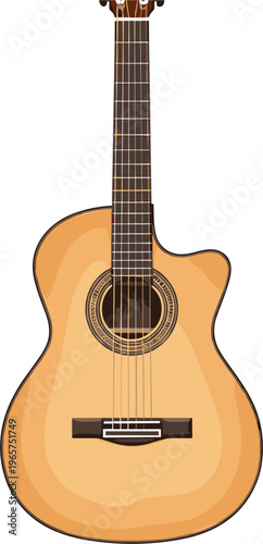 Acoustic guitar wooden body with cutaway design six string musical instrument illustration for music performance sound art flat vector