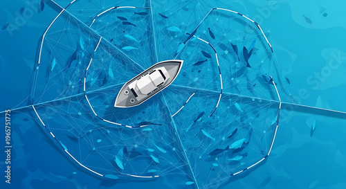Aerial view of a fishing vessel harvesting a large school of fish within an extensive circular net system in the deep blue ocean, depicting modern aquaculture