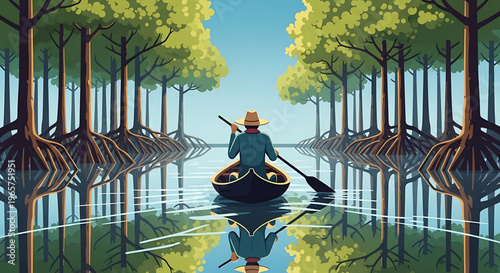 A solitary adventurer navigates a serene mangrove forest, surrounded by lush trees and their reflections in the tranquil water