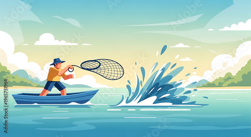 An energetic man skillfully casts his fishing net into the vibrant blue water from a small boat, creating a lively splash, embodying the joy of outdoor recreation and angling