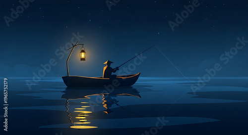 A lone fisherman casts his line into the tranquil, moonlit waters from his small boat, illuminated by a rustic lantern, as stars twinkle in the night sky, creating a serene and atmospheric scene