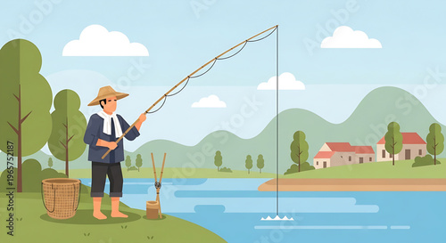 Peaceful rural life scene with a traditional fisherman enjoying a serene day by the river, highlighting the timeless hobby and tranquility of fishing