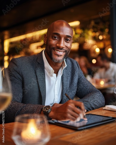Smiling Man Enjoying Dinner in Cozy Restaurant