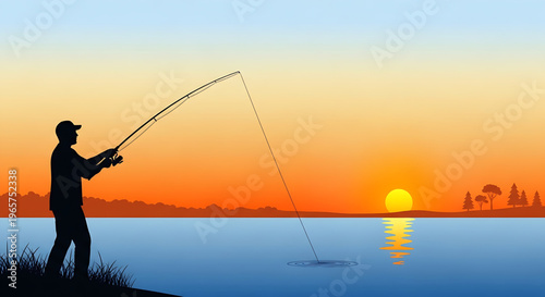 Silhouette of a lone angler casting a line into calm water during a vibrant sunset with trees on the horizon