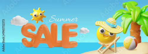 Summer shopping sale 3D vector marketing design, cartoon smiley emoticon in hat on beach chair on the tropical island