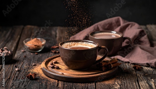 Close-up shot of two mugs of hot chocolate, with cocoa powder being poured. A rustic wooden table