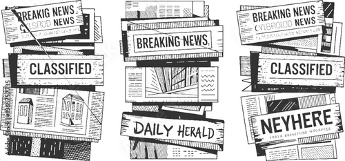 Stacked newspapers with headlines breaking news classified and daily herald in black and white style