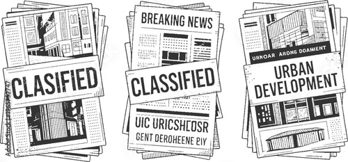 Three stacks of black and white newspapers featuring classified ads breaking news and urban development headlines with architectural