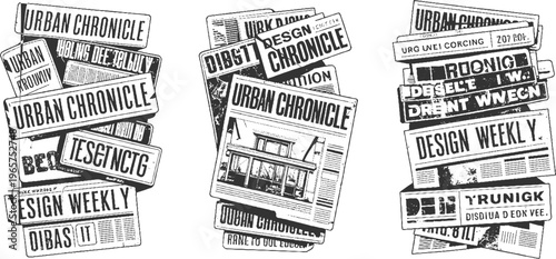 Stack of black and white newspapers with headlines like urban chronicle and weekly