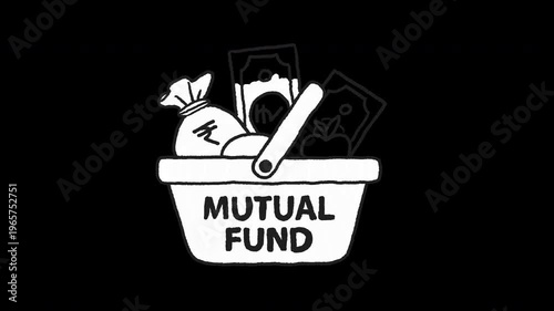 Hand drawn illustration of mutual fund shopping basket with Indian rupee money bag and banknotes 4k animated video, alpha transparent video