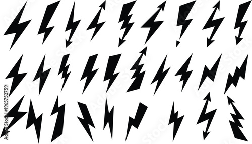 A collection of various black lightning bolt shapes on a white background