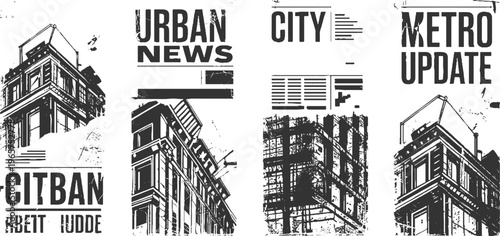 Four monochrome featuring architectural buildings and text phrases like urban news city metro update citban